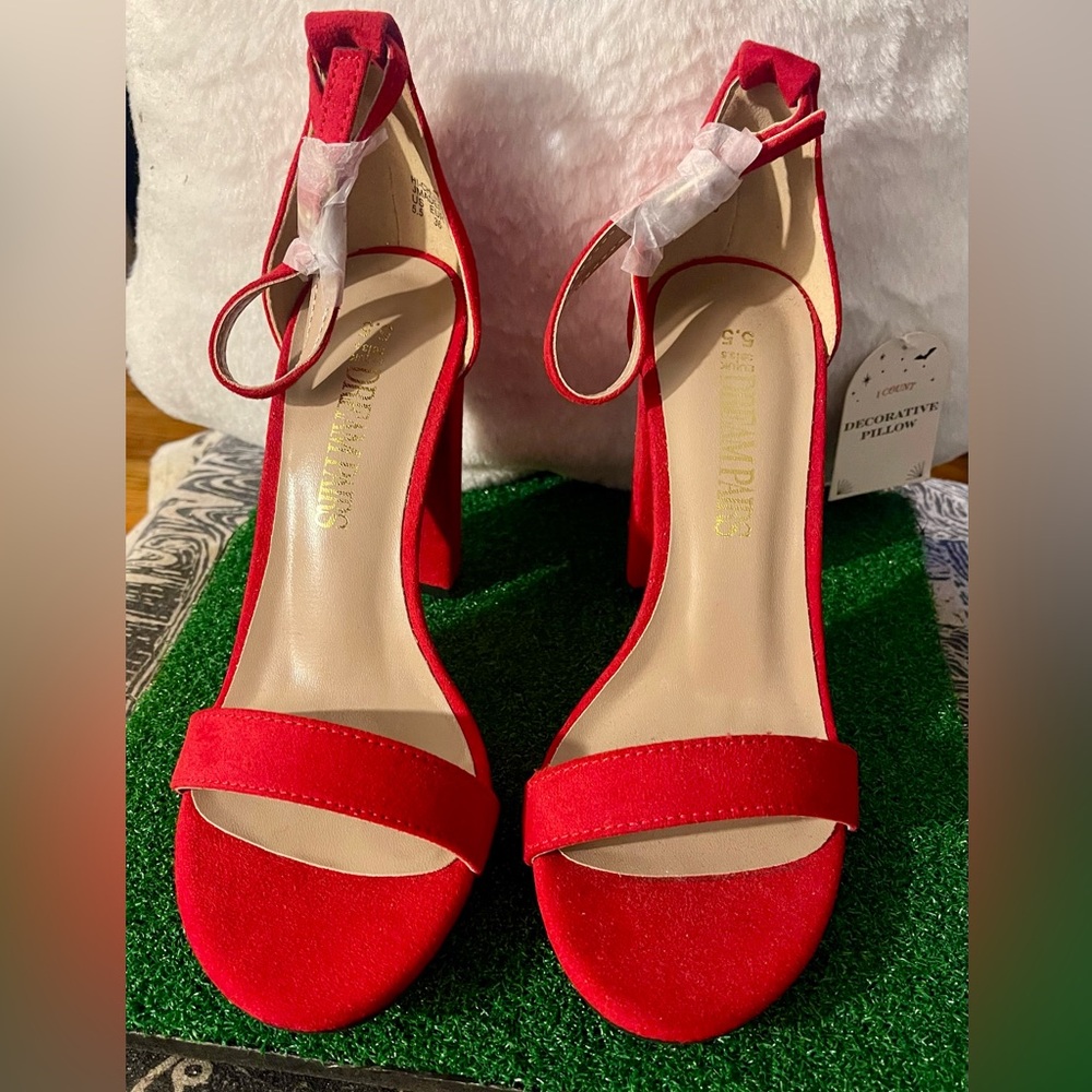 Elegant Red Heels with Ankle Strap by The Drop